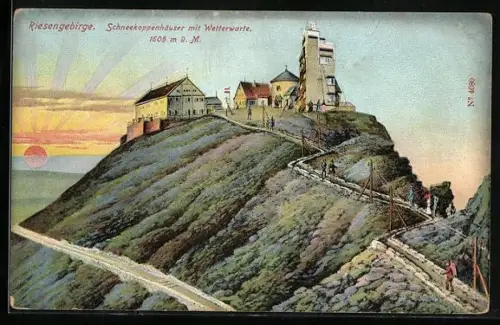 AK Schneekoppenhäuser /Riesengebirge, Häuser mit Wetterwarte