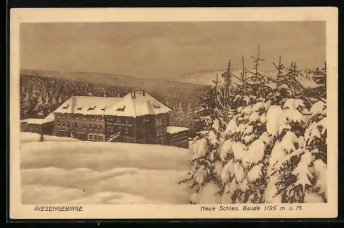 AK Neue Schles. Baude /Riesengebirge, Hütte im Schnee