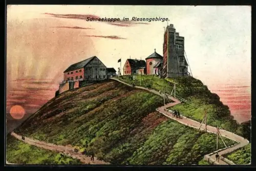 AK Schneekoppe im Riesengebirge, Hütte bei Sonnenaufgang