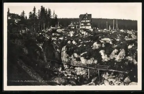 AK Zackelfallbaude, Eingang in die Zackelklamm, Inh. der Baude Franz Adolph