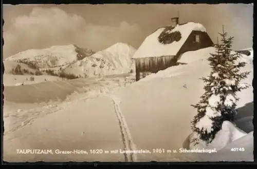 AK Grazer Hütte /Tauplitzalm, Hütte mit Lawinenstein und Schneiderkogel