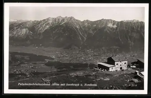 AK Patscherkofelschutzhaus /Innsbruck, Schutzhaus mit Innsbruck und Nordkette