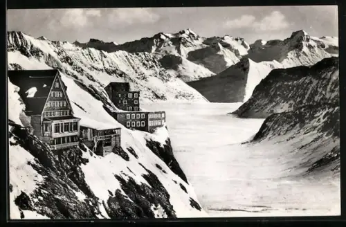 AK Berghaus Jungfraujoch, Observatorium mit Aletschgletscher