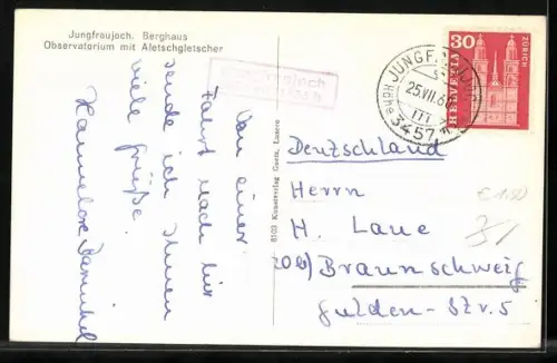 AK Berghaus Jungfraujoch, Observatorium mit Aletschgletscher