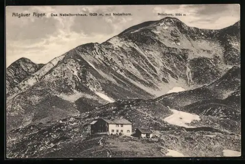 AK Nebelhornhaus /Allgäuer Alpen, Berghütte mit Blick zum Nebelhorn