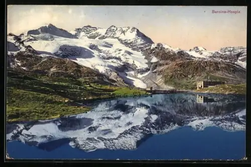 AK Bernina-Hospiz, See mit Spiegelung der Berge
