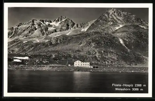 AK Flüela-Hospiz, Ansicht der Berghütte und Weisshorn