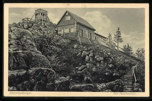 AK Hochstein /Riesengebirge, Blick zur Hütte mit Treppenaufgang