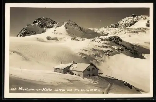AK Wiesbadener Hütte mit Piz Buin im Winter