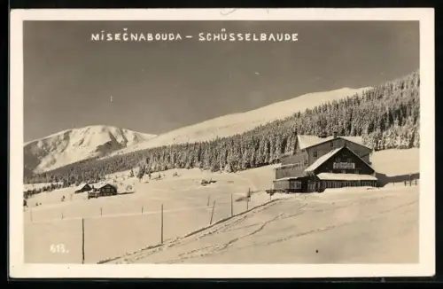 AK Schüsselbaude mit Panorama im Schnee