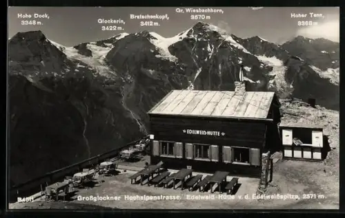 AK Edelweiss-Hütte mit Glockerin, Bratschekopf u. Gr. Wiesbachhorn v. d. Edelweissspitze