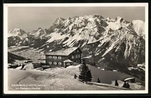 AK Krummholz-Hütte mit Dachstein im Schnee