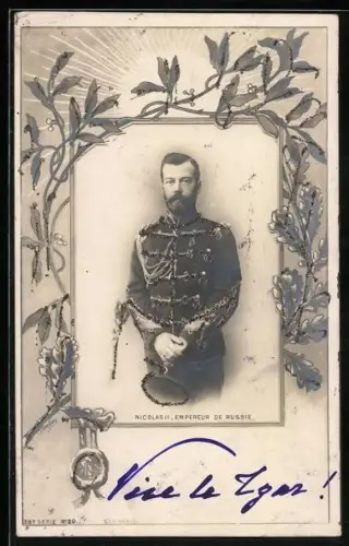AK Zar Nikolaus II. von Russland in Uniform mit Glitzer dekoriert