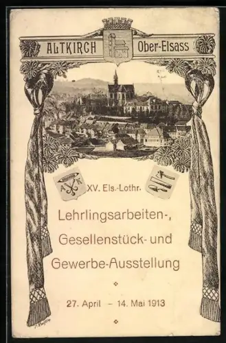 AK Altkirch /Ober-Elsass, XV. Els.-Lothr. Lehrlingsarbeiten- und Gewerbe-Ausstellung 1913, Ortsansicht mit Kirche