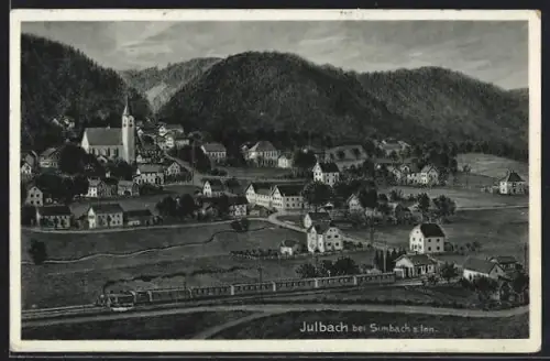 AK Julbach bei Simbach, Ortsansicht mit Kirche und Eisenbahnlinie