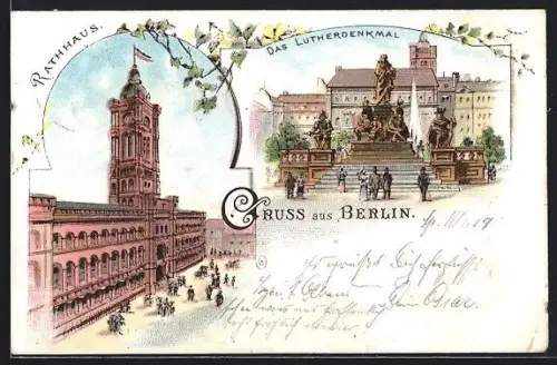 Lithographie Berlin, Neuer Markt mit Lutherdenkmal, Rathaus