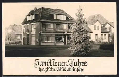 AK Wangerooge, Drogerie Fritz Philipps in der Zedeliusstrasse 22, Neujahrs-Glückwünsche