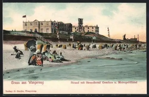AK Wangeroog, Strand mit Strandhotel Geerken, Metropol-Hotel und Dünenbake