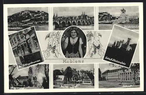 AK Koblenz, Ehrenbreitstein, Rheinbrücke, Schloss Stolzenfels