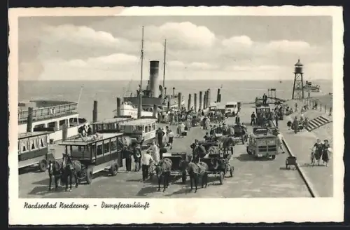 AK Norderney, Dampferankunft, Pferdeomnibusse, Hafen