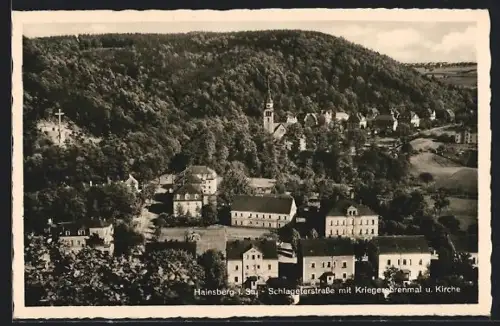 AK Hainsberg i. Sa., Schlageterstrasse, Kriegerdenkmal, Kirche