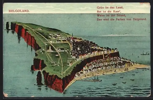 AK Helgoland, Inselansicht mit Ober- und Unterland, Hafen, Küste