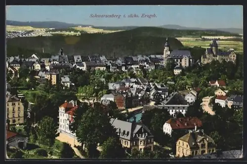 AK Schwarzenberg i. sächs. Erzgeb., Stadtansicht mit Schloss und Kirche