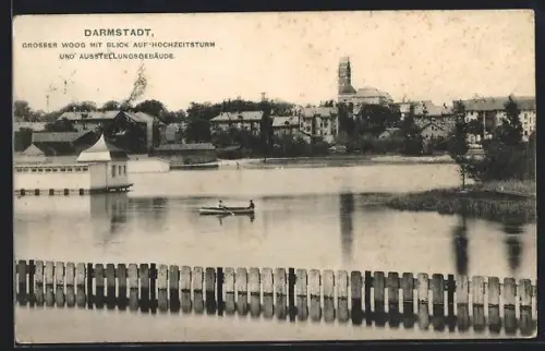 AK Darmstadt, Grosser Woog, Blick auf Hochzeitsturm und Ausstellungsgebäude