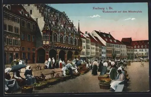 AK Freiburg i. Br., Wochenmarkt auf dem Münsterplatz