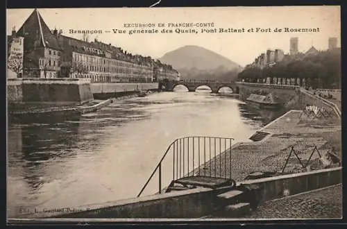 AK Besancon, Vue générale des Quais, Pont Battant et Fort de Rosemont