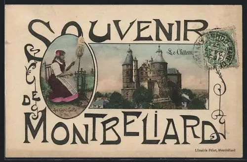 AK Montbéliard, Le Château et femme en costume traditionnel