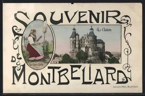 AK Montbéliard, Souvenir avec le château et une femme en costume traditionnel