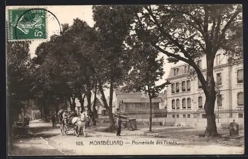 AK Montbéliard, Promenade des Fossés avec charrette et arbres ombragés