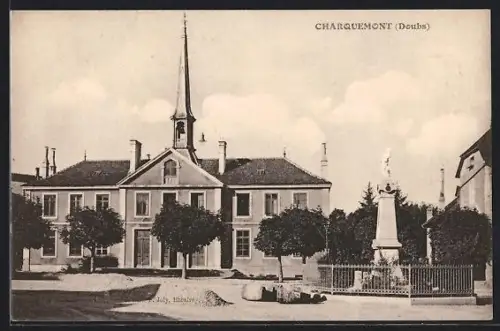 AK Charquemont /Doubs, Vue de l`église et du monument sur la place principale