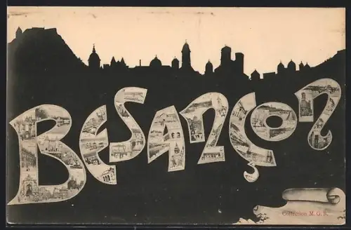 AK Besancon, Silhouette de la ville avec collages artistiques dans les lettres