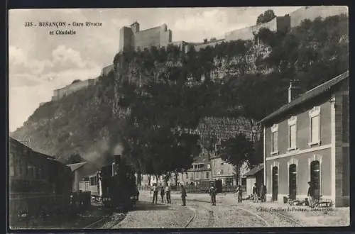 AK Besancon, Gare Rivotte et Citadelle avec train à vapeur en arrière-plan