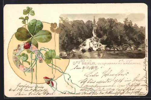Lithographie Berlin-Kreuzberg, Victoriapark mit Wasserfall, Glücksklee mit Marienkäfer