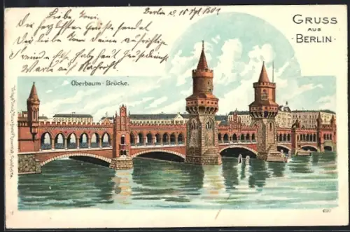 Lithographie Berlin-Friedrichshain, Totalansicht von der Oberbaum-Brücke