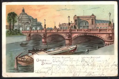 Lithographie Berlin-Tiergarten, Moltke-Brücke und Lehrter Bahnhof