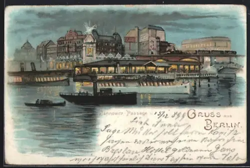 Lithographie Berlin, Dampfer an der Jannowitzbrücke bei Nacht