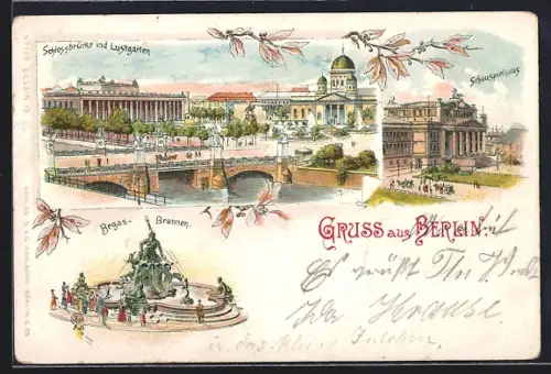 Lithographie Berlin, Begas-Brunnen, Schlossbrücke & Lustgarten, Schauspielhaus