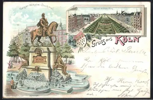 Lithographie Köln-Neustadt, Kaiser Wilhelm-Ring, und Kaiser Wilhelm-Denkmal