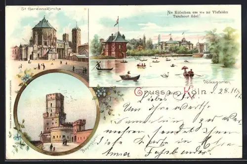 Lithographie Köln a. Rhein, Bayenturm, Volksgarten, St. Gereonskirche