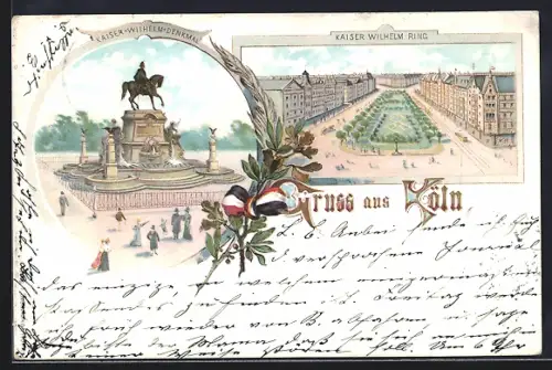 Lithographie Köln-Neustadt, Kaiser-Wilhelm-Denkmal, Kaiser Wilhelm Ring