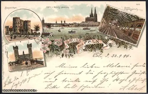 Vorläufer-Lithographie Cöln, 1894, Hahnentor, Eisenbahnbrücke, Inneres Saal im Gürzenich