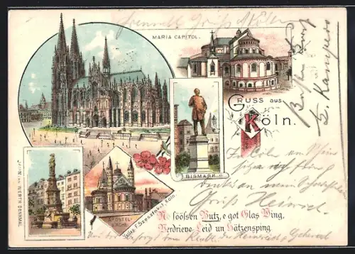Lithographie Köln, Maria Capitol, Jahn van Werth Denkmal, Apostel-Kirche, Bismarckdenkmal, Dom
