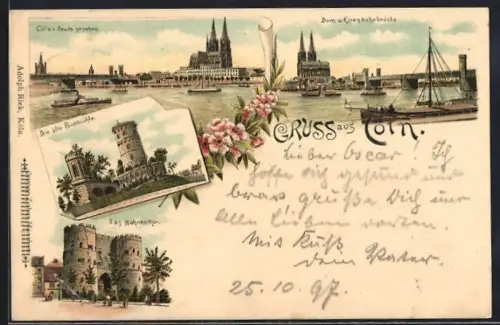 Lithographie Cöln, Alte Bottmühle, Dom und Eisenbahnbrücke, Hahnenthor