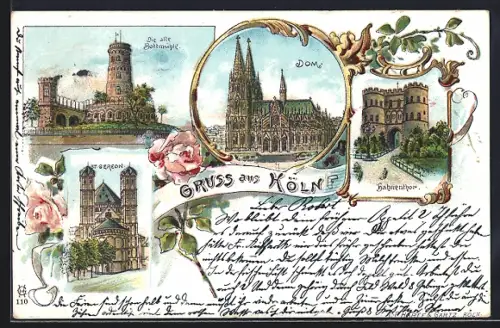 Lithographie Köln, Dom, Hahnentor, Kirche St. Gereon