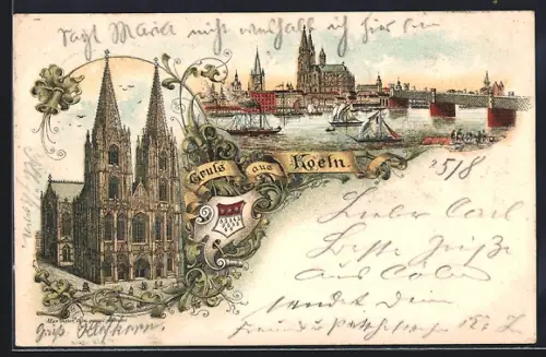 Lithographie Köln, Dom, Uferpartie mit Brücke