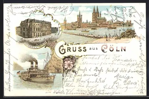 Lithographie Köln, Panorama mit dem Dom, Theater, Dampfer unterwegs